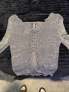 Free People Heathered Gray Openwork Front-Tie Sweater